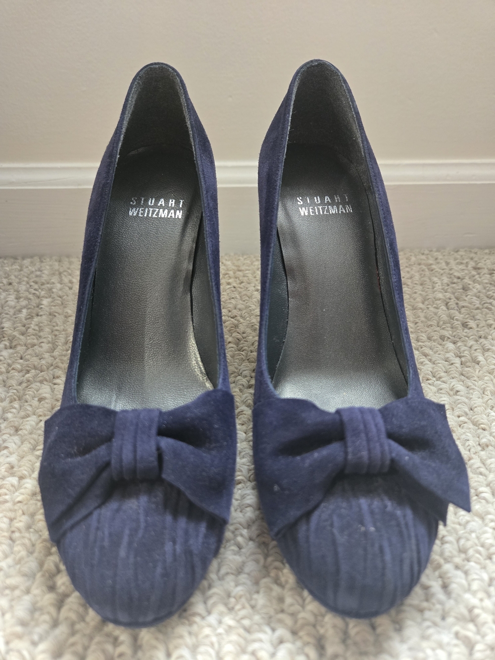 Vintage Stuart Weitzman Blue Suede Pumps Womens 4.5 Navy Bow Round Toe Heels EUC